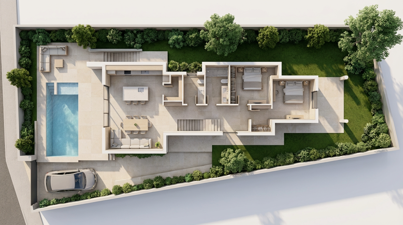 Top view of a modern house with a backyard featuring a swimming pool, outdoor seating area, and a lawn with trees and shrubs.