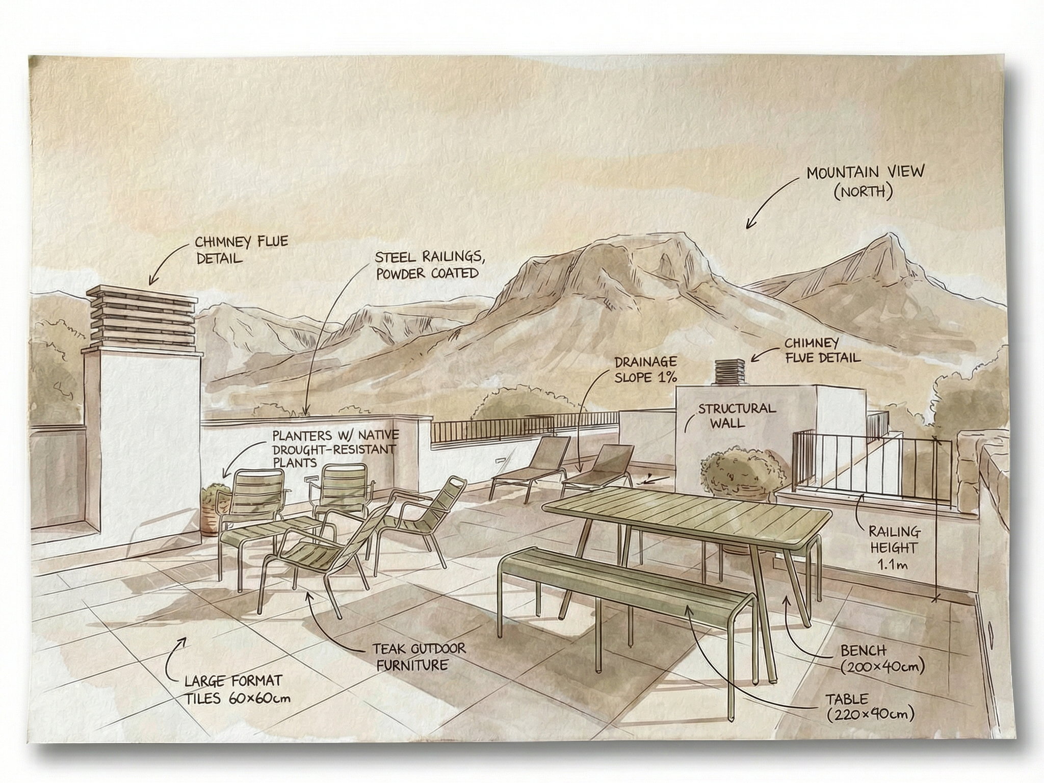 Architectural sketch of a rooftop terrace with mountains in the background, featuring outdoor furniture, planters, structural wall, and labeled construction details.