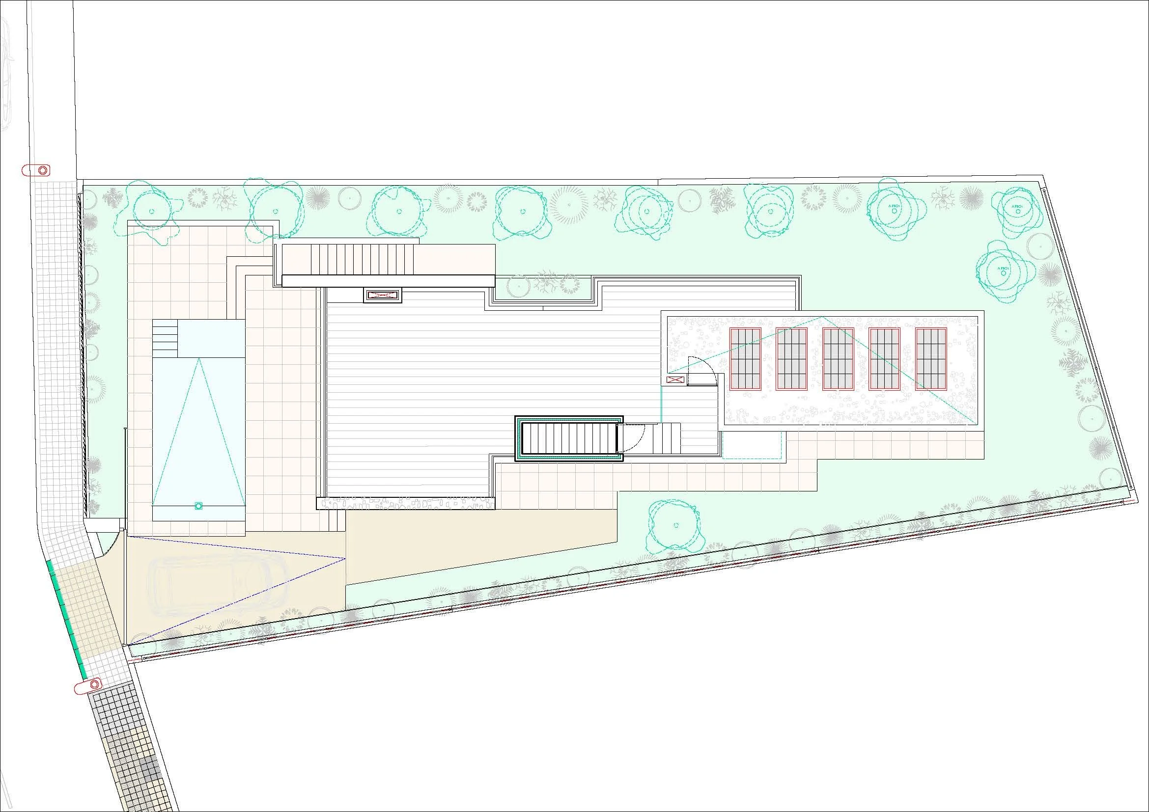 Architectural site plan of a building with surrounding landscape, trees, paved walkways, a pool, and solar panels.