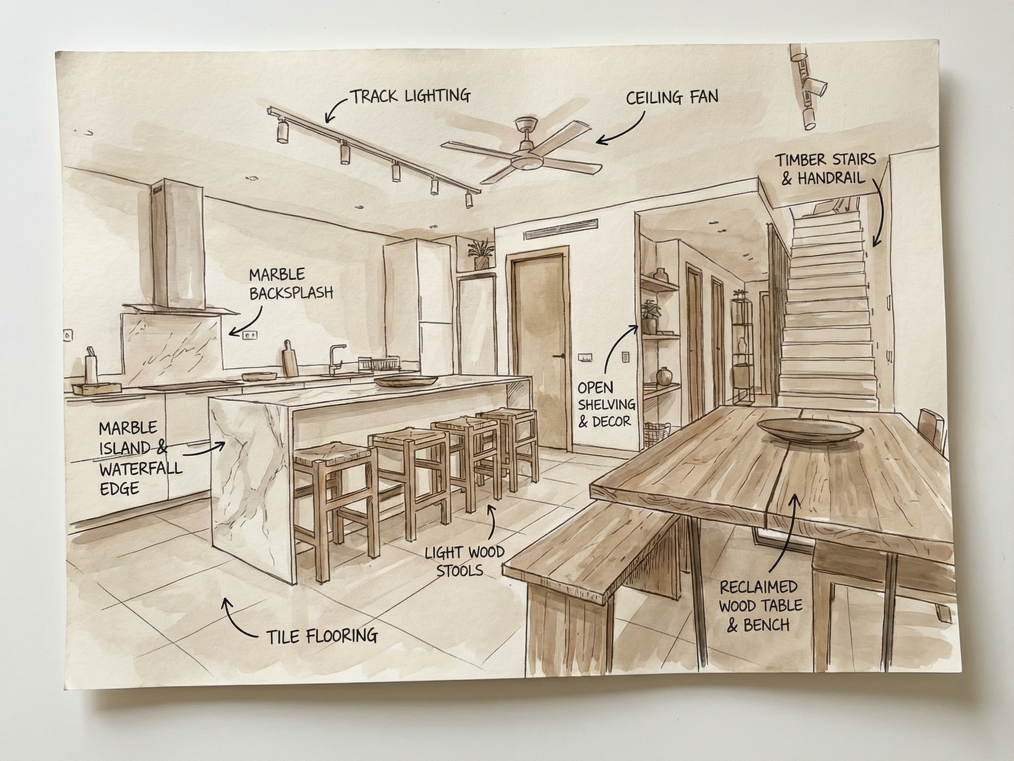 A detailed interior illustration of a modern kitchen and dining area with labeled features. The kitchen has a marble backsplash, island with waterfall edges, tile flooring, track lighting, and a ceiling fan. There is a kitchen counter with a sink, light wood stools, and open shelving for decor. Adjacent is a dining table with reclaimed wood and a bench. The space also features timber stairs and handrail, ceiling vents, and a hallway leading to multiple doors, with additional open shelving for decor.