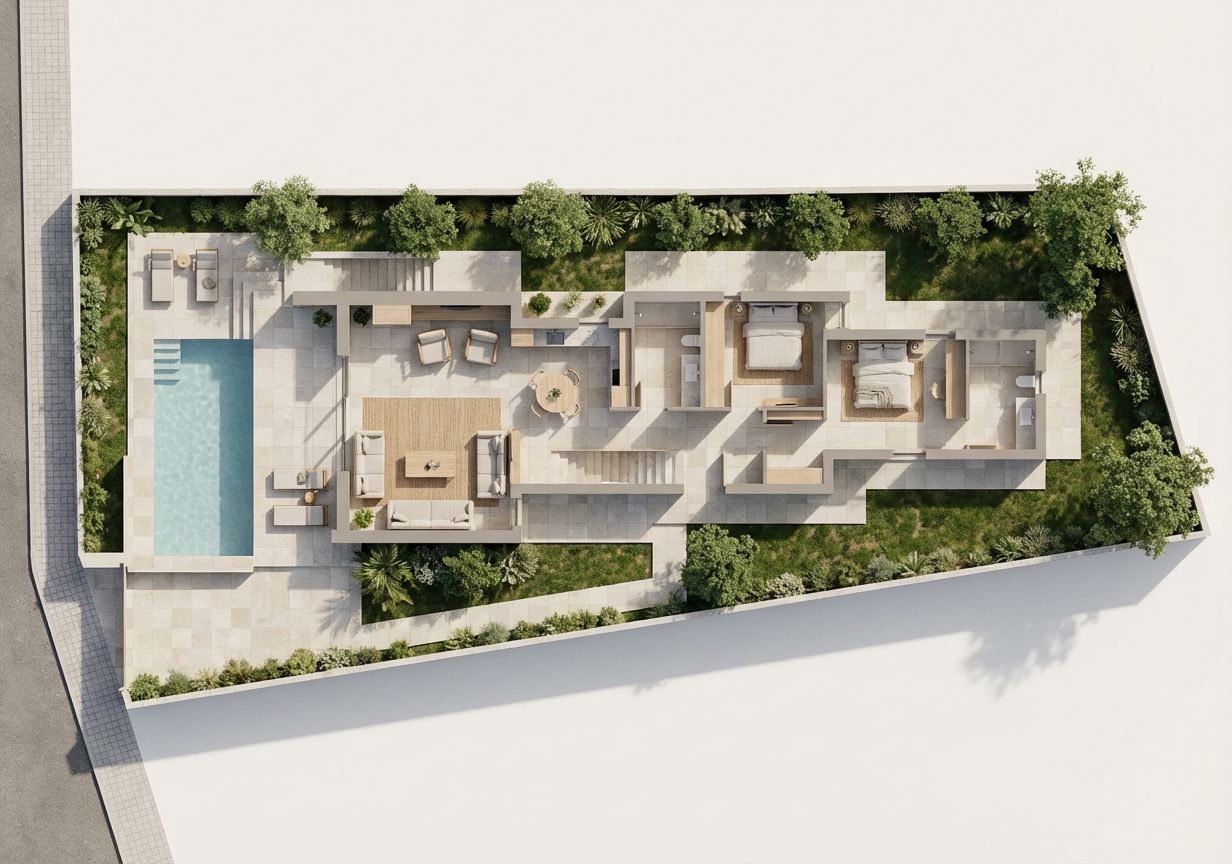 Top-down view of a modern residential building with a backyard pool, outdoor seating area, and landscaped garden.