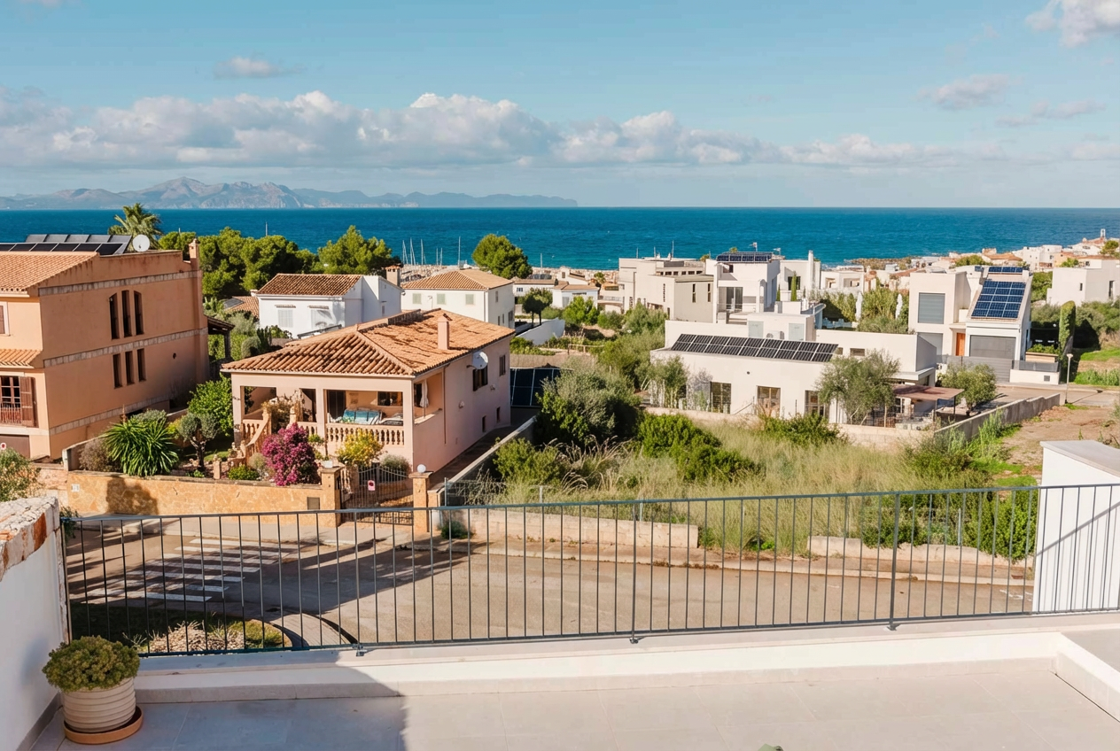 View from a balcony overlooking a coastal neighborhood with houses, greenery, and the ocean in the background.
