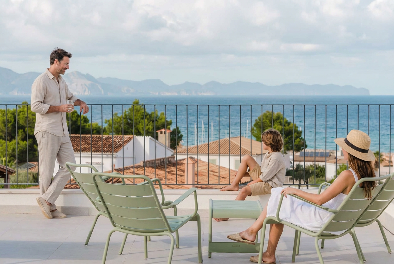 A man in beige clothing holding a drink and smiling, standing on a balcony with two children sitting on chairs. One child wears a hat and a white dress, while the other has short hair and is wearing beige shorts and a light shirt. The balcony overloo