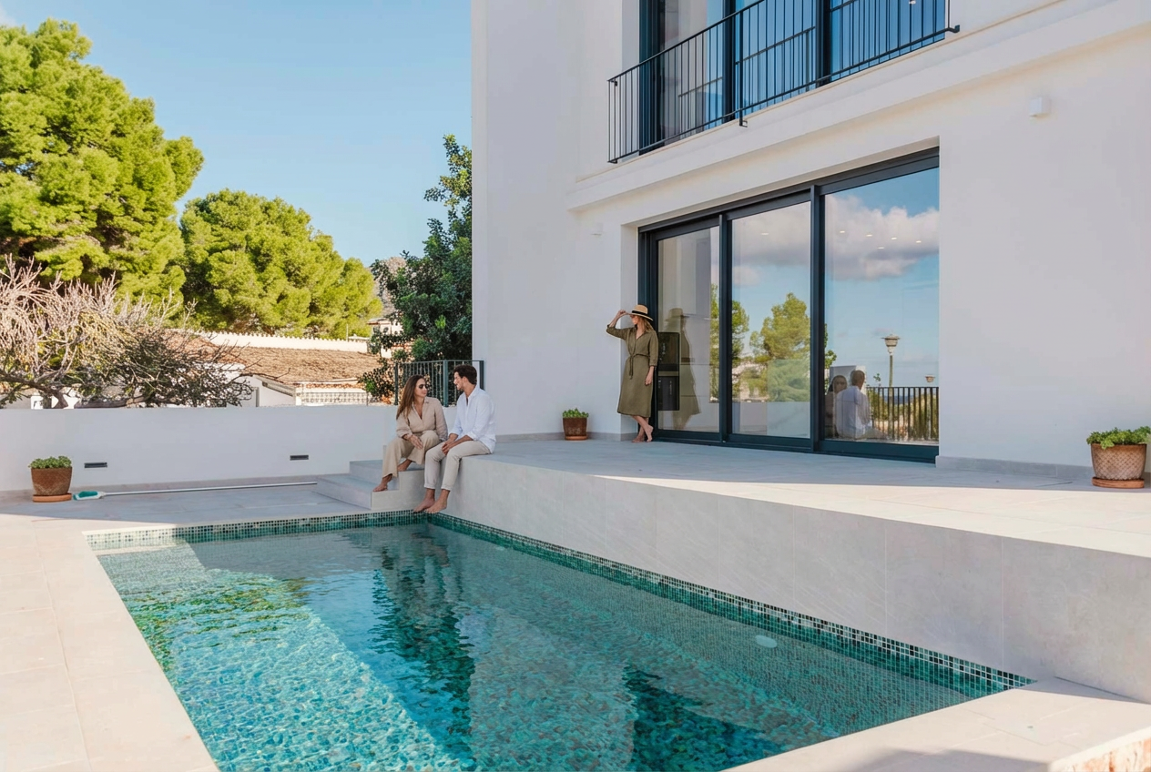 Two people sitting by a swimming pool, with a woman standing nearby on a patio, in front of a modern white house with large glass sliding doors, surrounded by trees and outdoor potted plants.