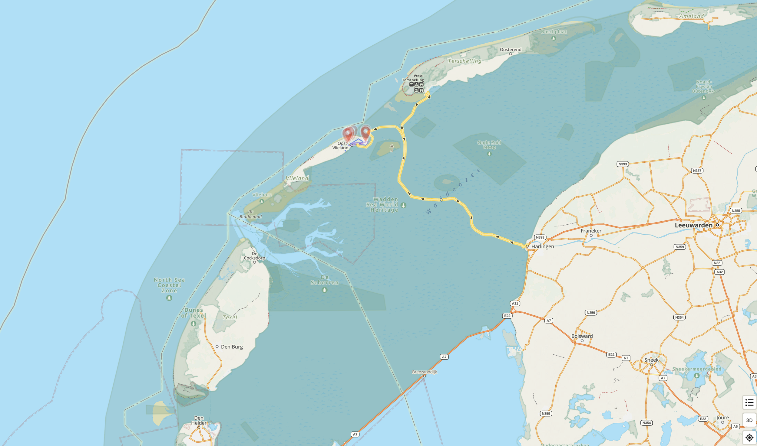 Map of the Frisian Islands in the North Sea, including Texel, Terschelling, Vlieland, and other islands, with roads and ferry routes connecting them to the mainland of the Netherlands.