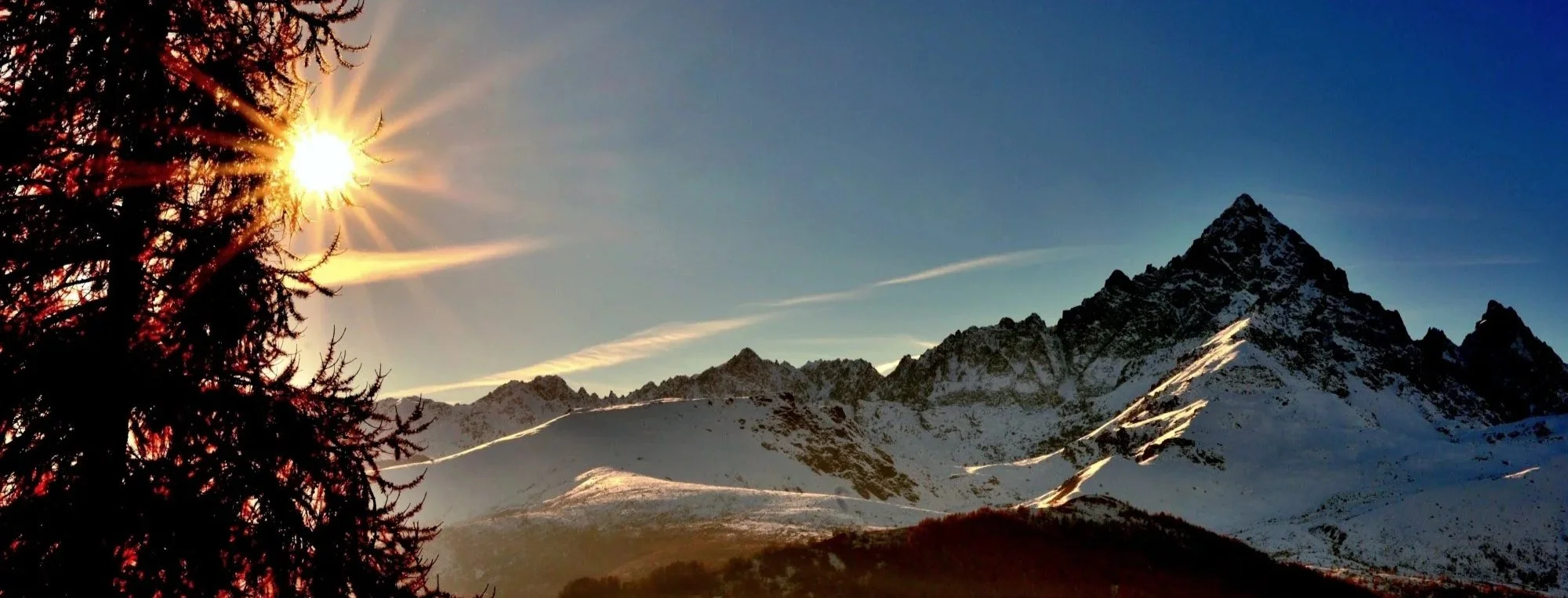 Sun shining over snow-capped mountain peaks with a clear blue sky, and a silhouette of a pine tree in the foreground.
