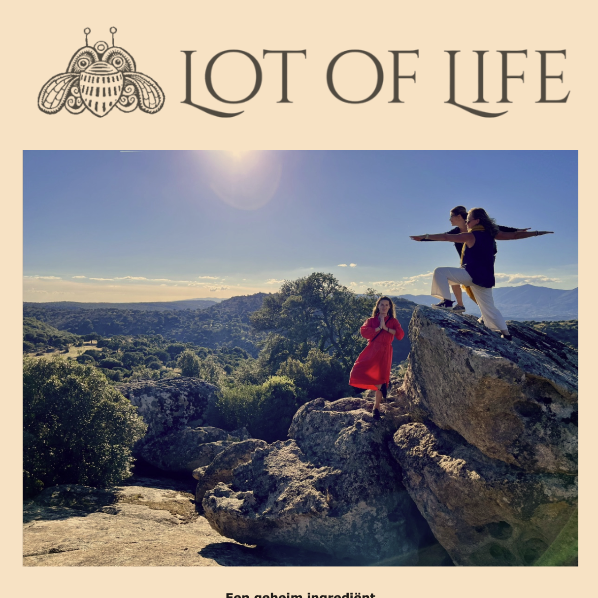 Three women practicing yoga outdoors on large rocks in a scenic landscape with green hills and trees, under a bright blue sky with the sun.