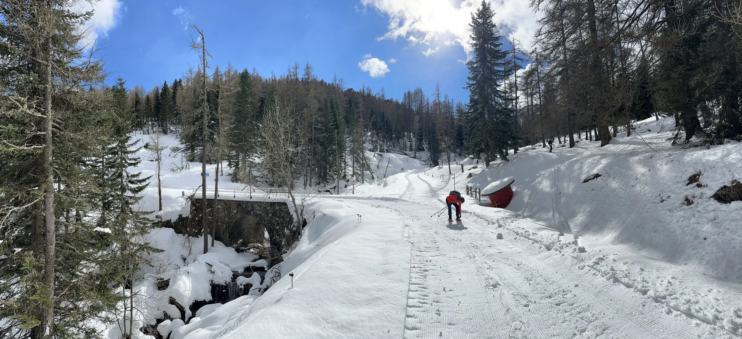 Person in red jacket skiing on snow-covered trail in forested mountainous area with trees and a small stone bridge, under a partly cloudy sky.