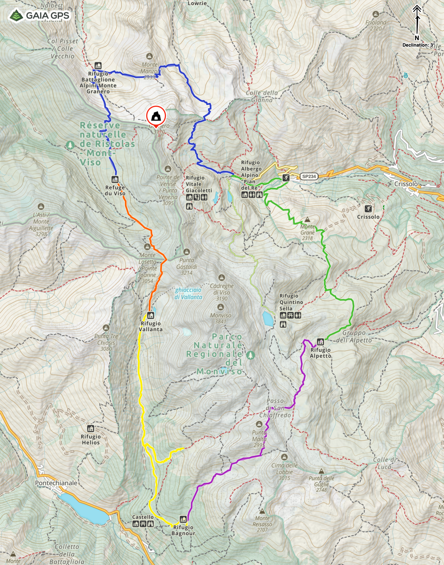 Topographic map of a mountain trail with various colored routes, starting at Castelllo Bagnour, passing through refuges, peaks, and natural reserves.