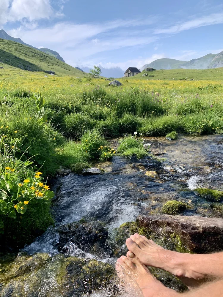 Person relaxing in a small mountain stream surrounded by lush green grass and yellow wildflowers, with rolling hills, a small house, and mountains in the distance under a partly cloudy sky.