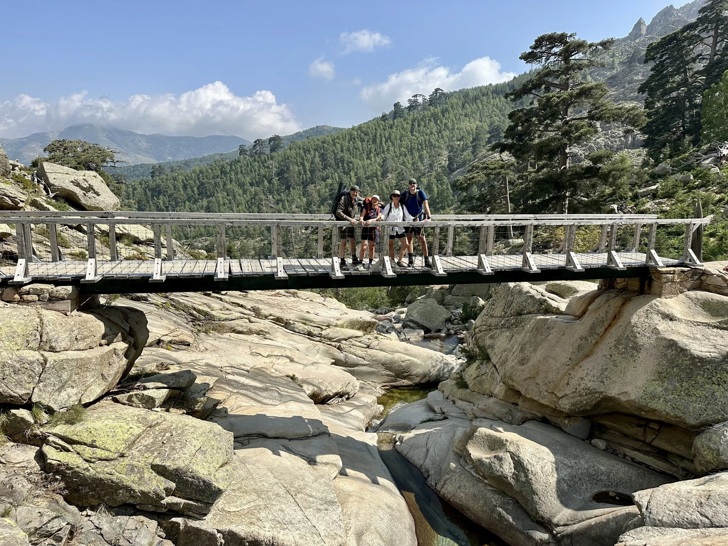 Four hikers standing on a wooden bridge over a rocky creek in a mountainous forest landscape.
