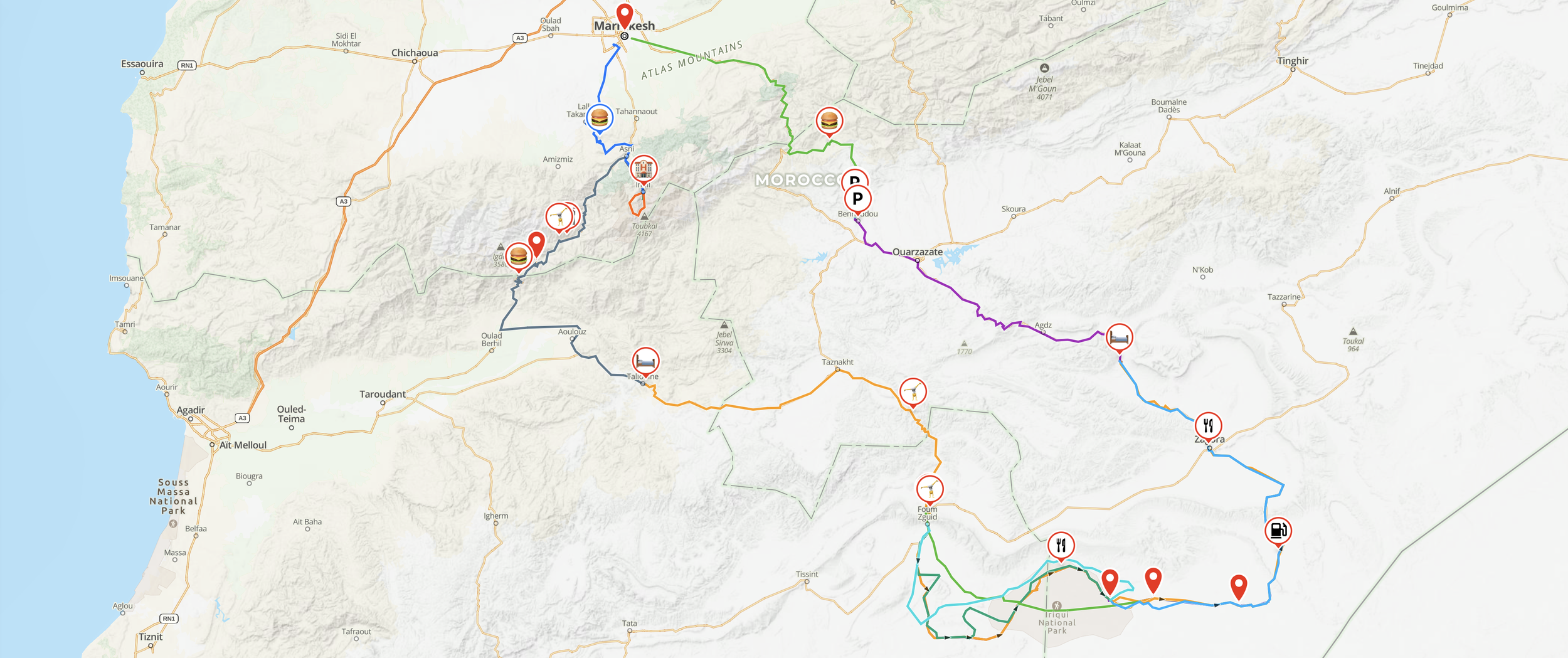 Map of a travel route through Morocco with icons for accommodations, restaurants, sightseeing, and parking areas.
