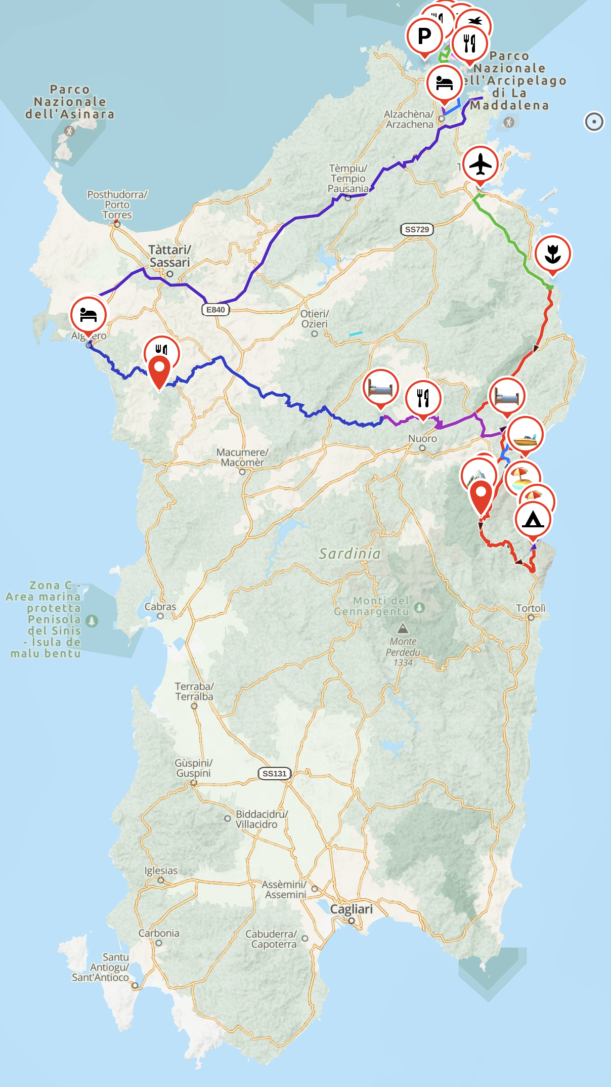 Map of Sardinia showing a travel route with icons indicating parking, restaurants, accommodations, beaches, and camping sites, along with various towns and parks.