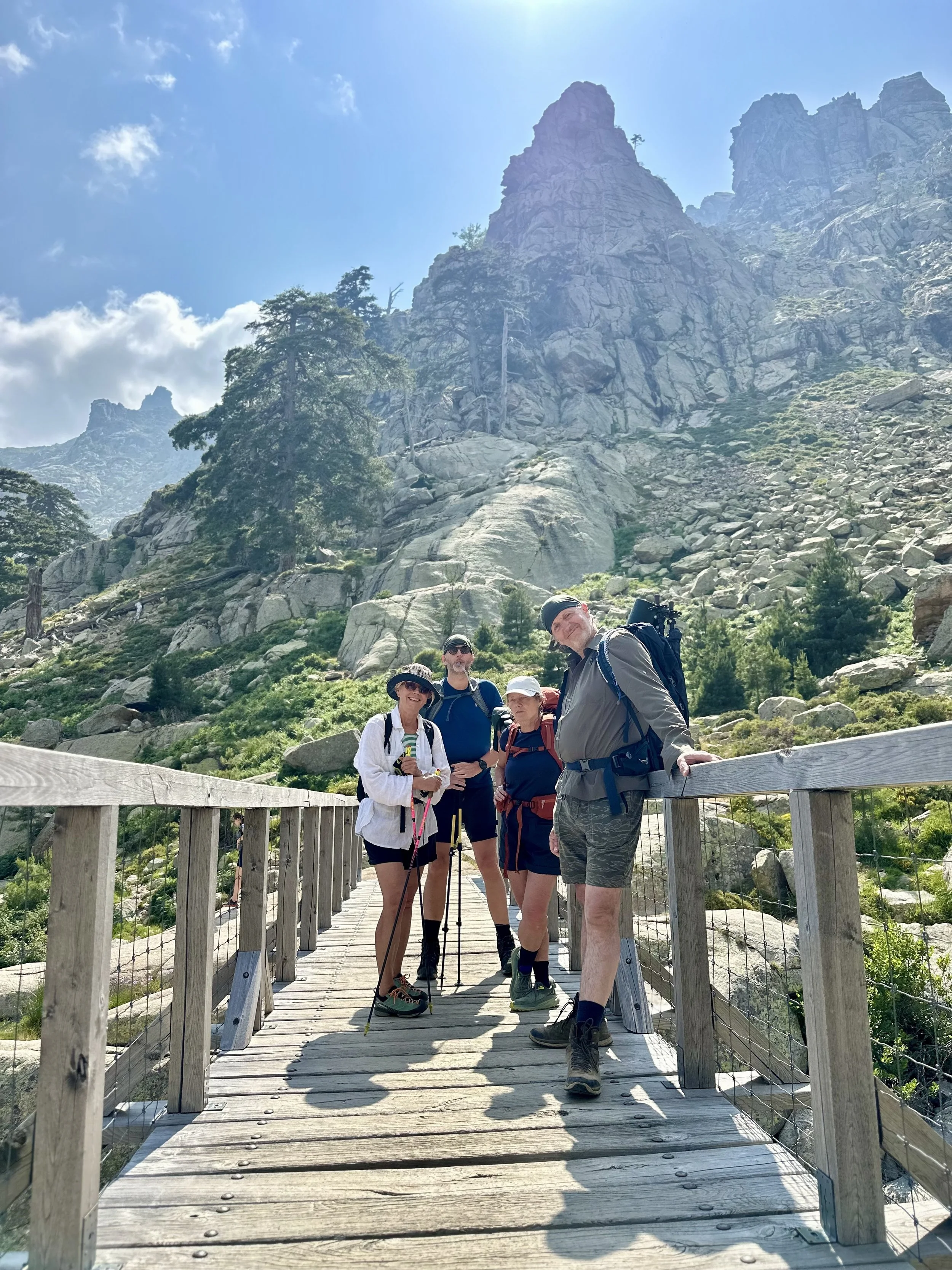 Four hikers standing on a wooden bridge in a mountainous area with rocky peaks and green trees, under a partly cloudy sky.