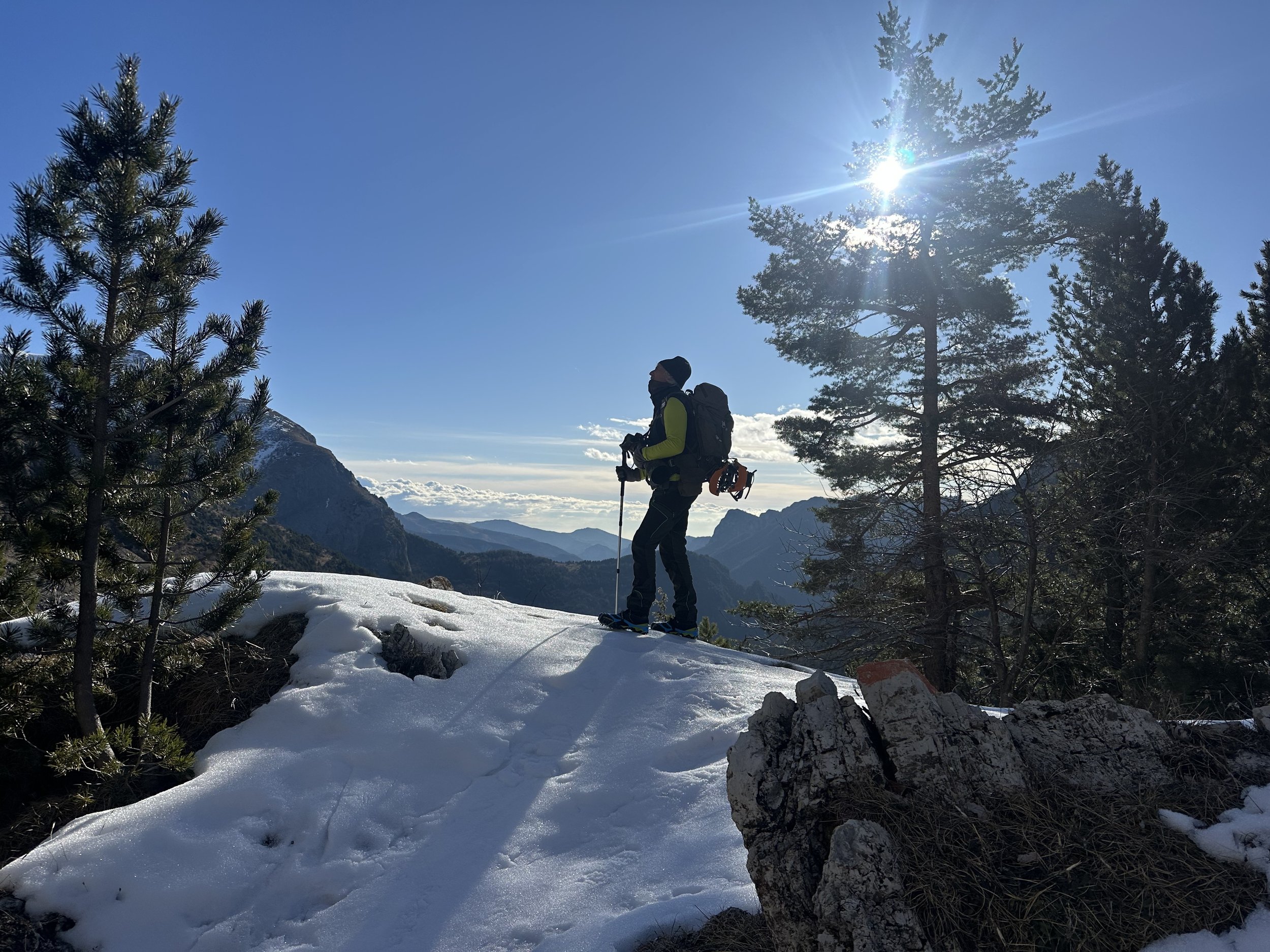 A hiker dressed in a yellow jacket and black pants with a backpack, trekking poles, and snowshoes, stands on a snowy mountain trail with trees and mountain peaks in the background on a sunny day.