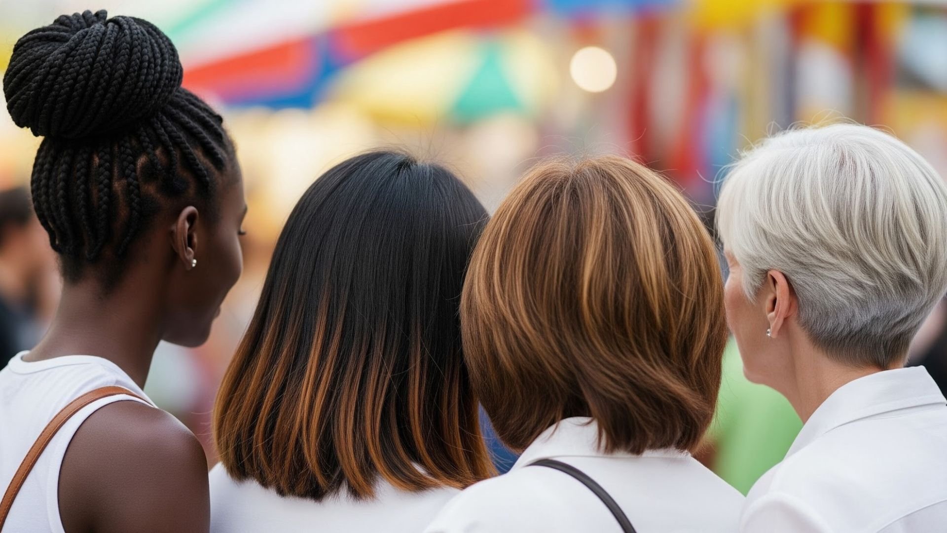 Four women are gathered closely in a crowded outdoor setting with colorful umbrellas and blurred background.