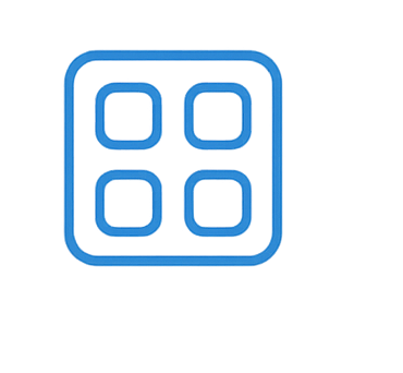 Icon of four overlapping squares within a rounded square border, colored blue.