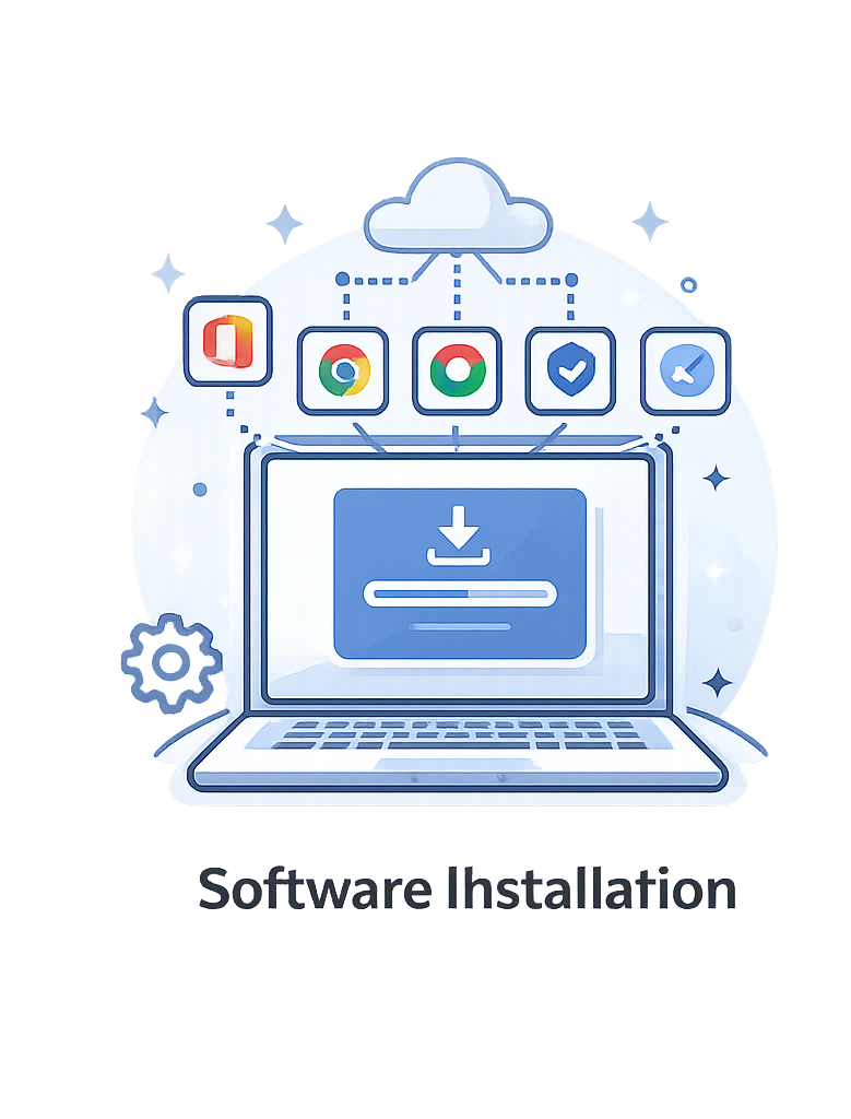 Illustration of cloud-based software installation process with a laptop, download icon, and icons for Microsoft Office, Chrome, Google Chrome, a checkmark, and a brush, connected to a cloud.
