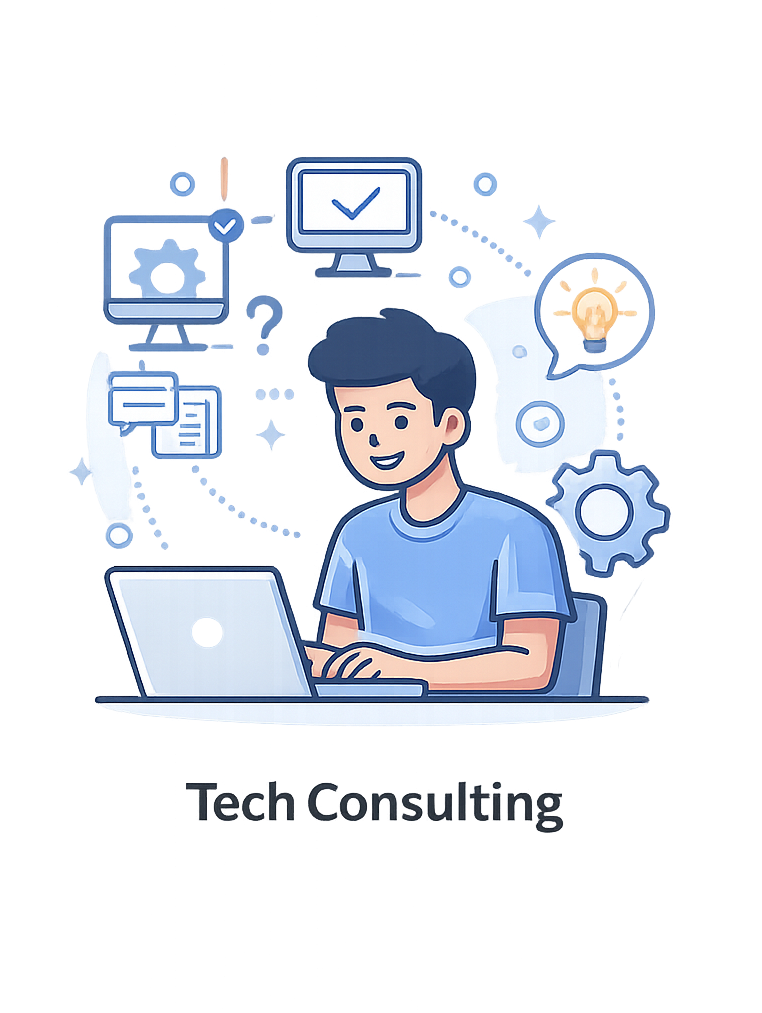 Illustration of a young man sitting at a desk using a laptop, surrounded by icons of computers, checkmarks, speech bubbles, gears, and a light bulb, representing tech consulting.