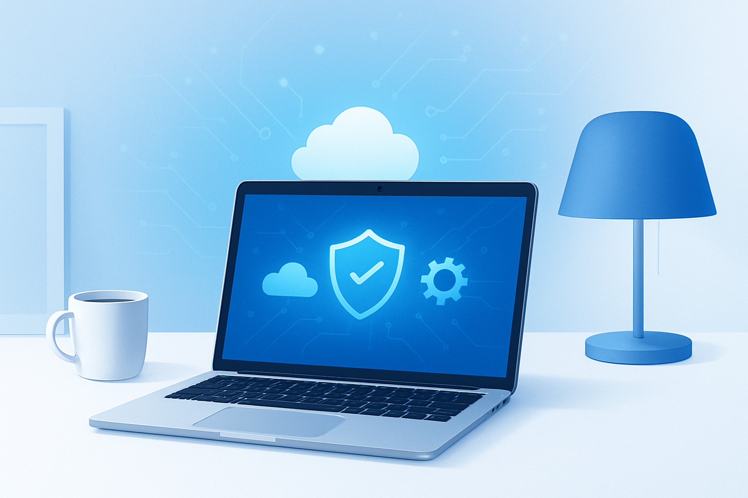 Laptop with cybersecurity icons on the screen, surrounded by a coffee mug, desk lamp, and a cloud graphic in the background.