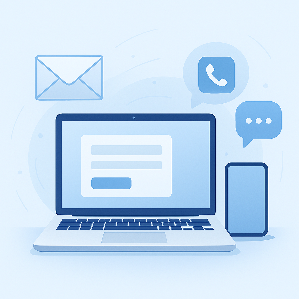 Illustration of a laptop with a login screen, surrounded by icons of an envelope, a phone call, a chat bubble, and a smartphone, representing communication and technology.