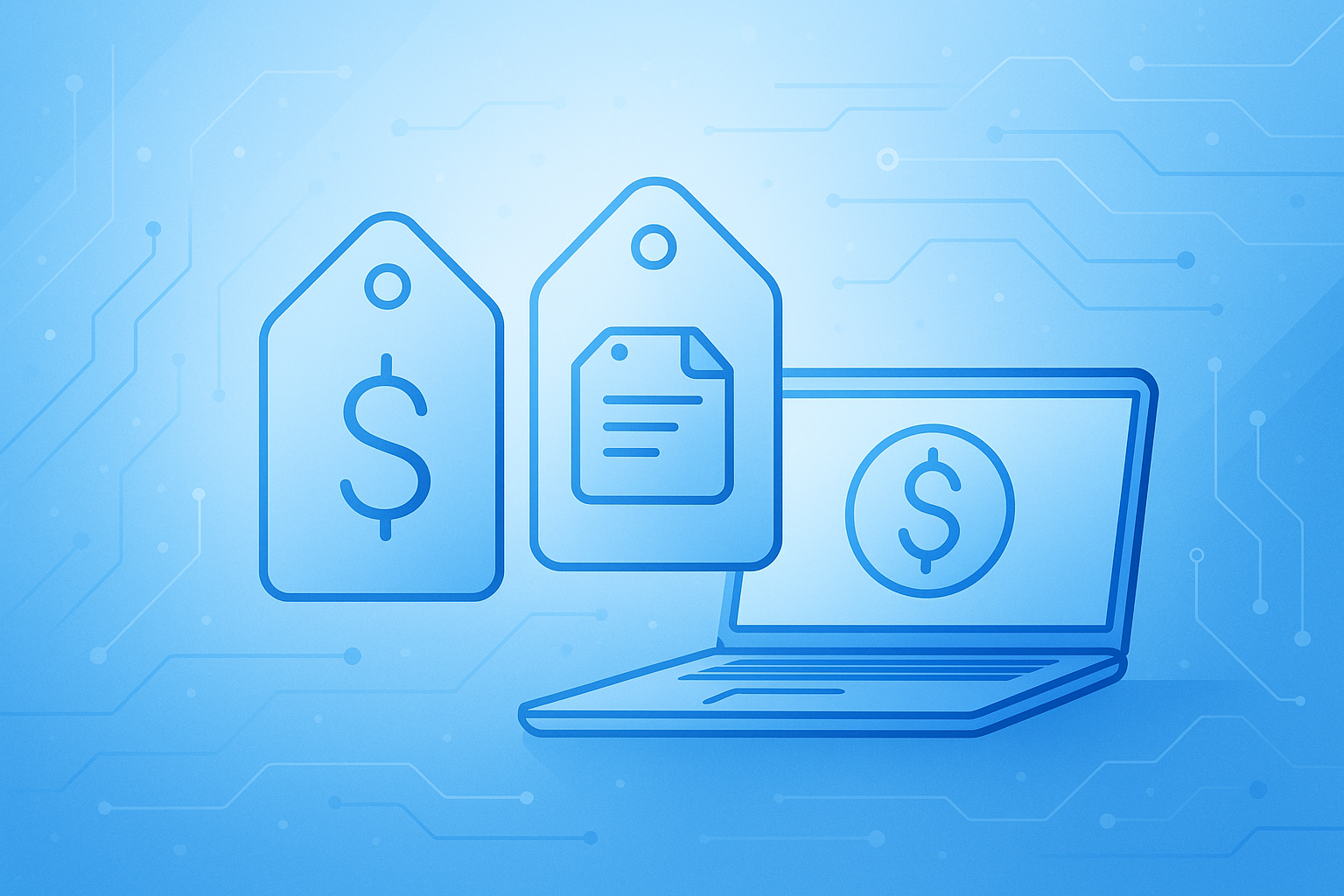 Digital illustration of online shopping and economic transactions, featuring price tags, a document, and a laptop with a dollar sign on the screen, against a blue circuit board background.