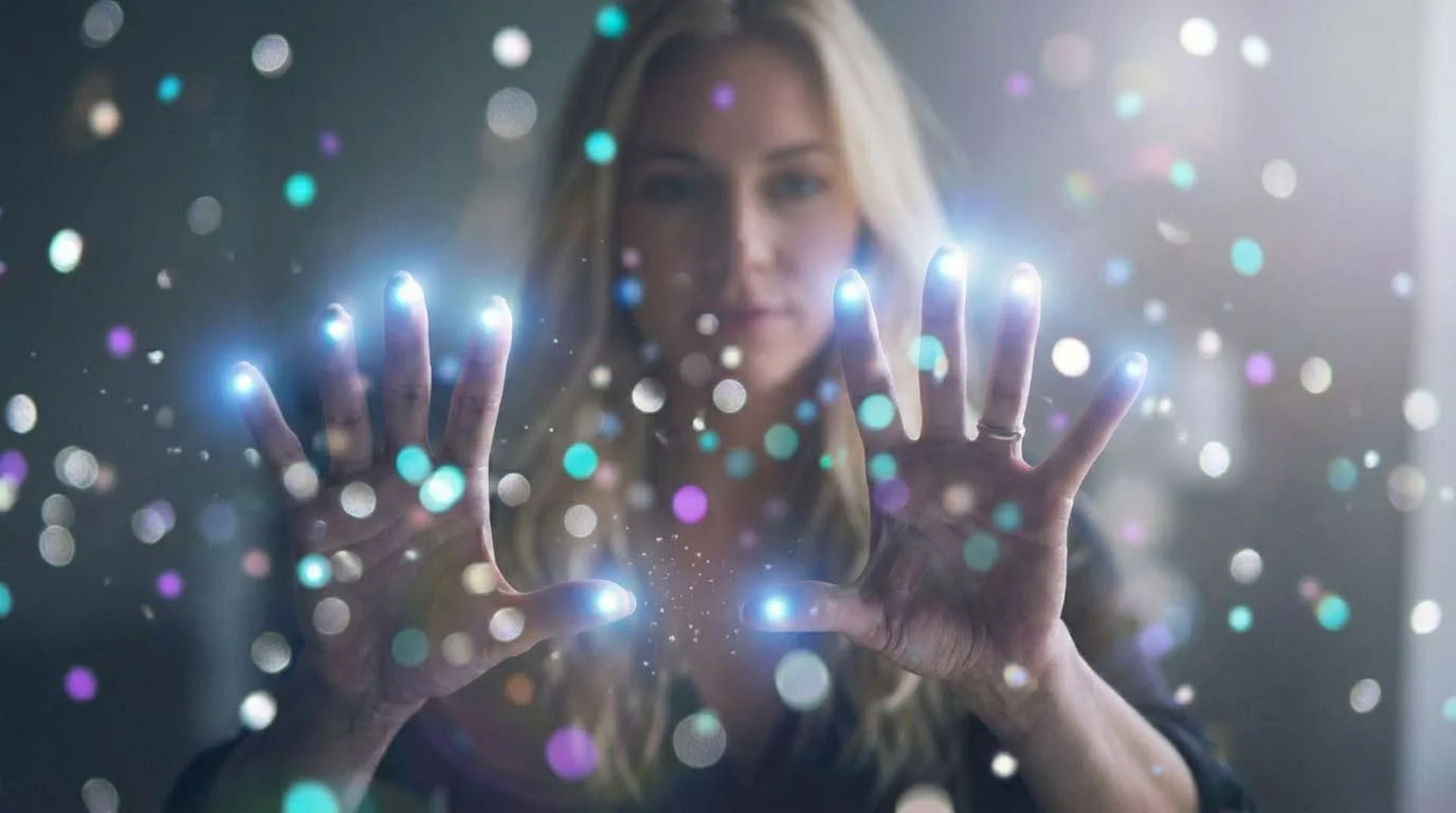 Frau in dunklem Raum, die Hände vor einem transparenten Bildschirm hält, auf dem leuchtende bunte Punkte erscheinen.