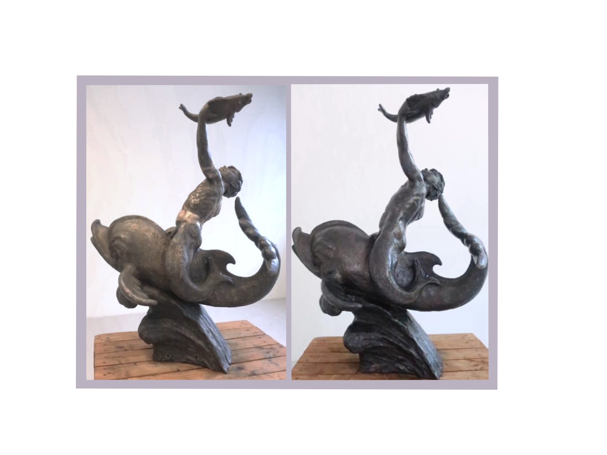 Pojken och delfinen Före och efter- bilder Konservering bronsskulptur Borås