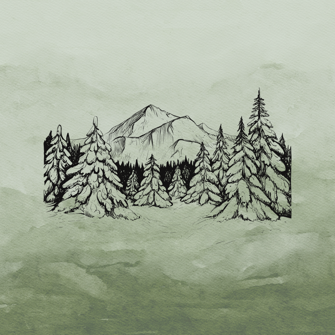 Black ink sketch of a mountain landscape with pine trees and a cloudy sky on a textured green background.