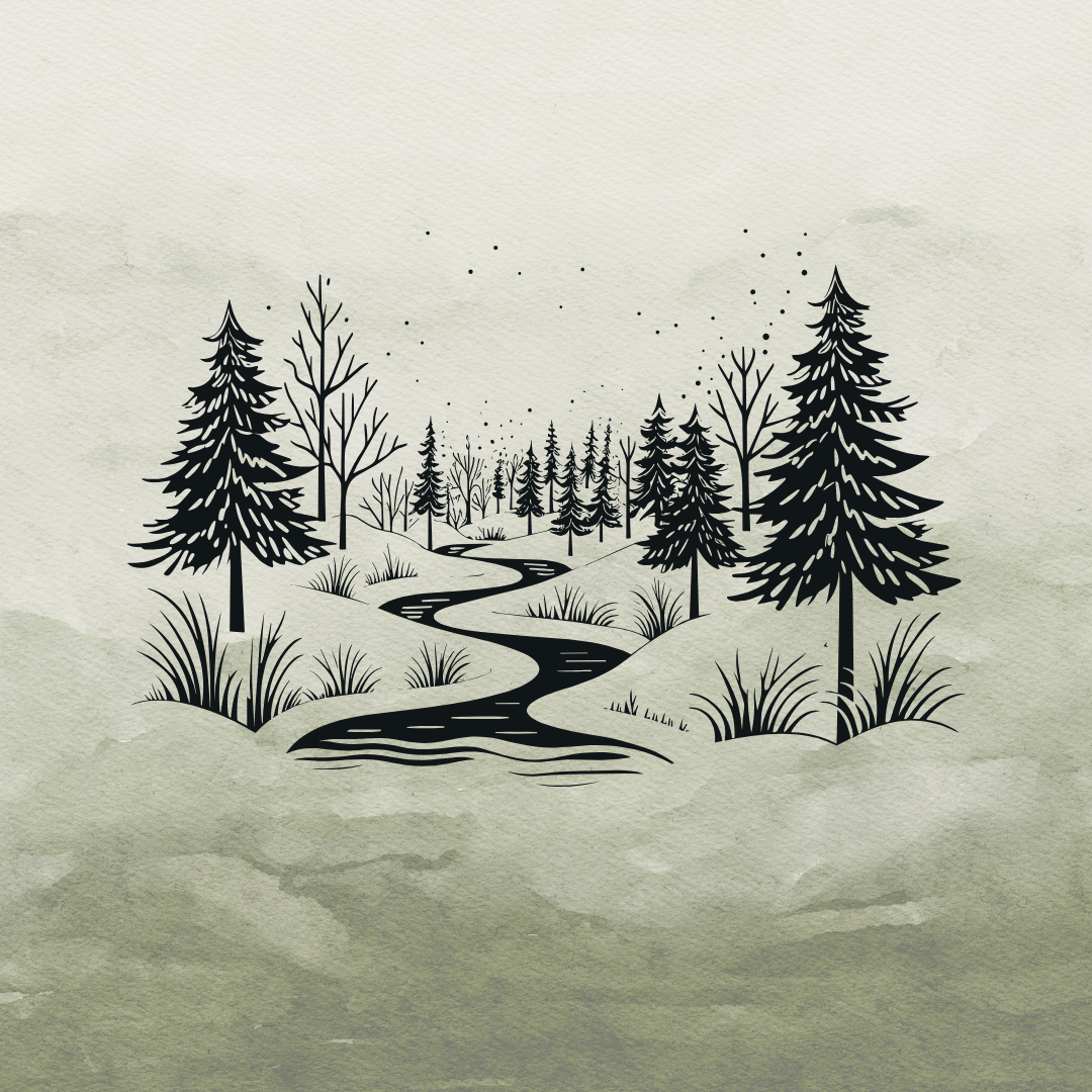 Black and white illustration of a forest with a winding river, tall pine and deciduous trees, and a cloudy sky.
