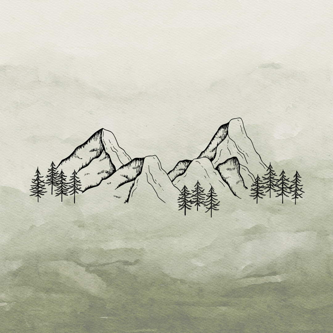 Black and white illustration of mountain peaks with pine trees in front, on a textured light green background.