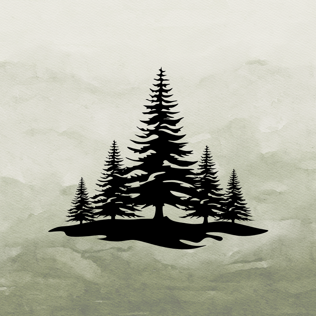 Silhouette of pine trees on a small hill with a watercolor background.