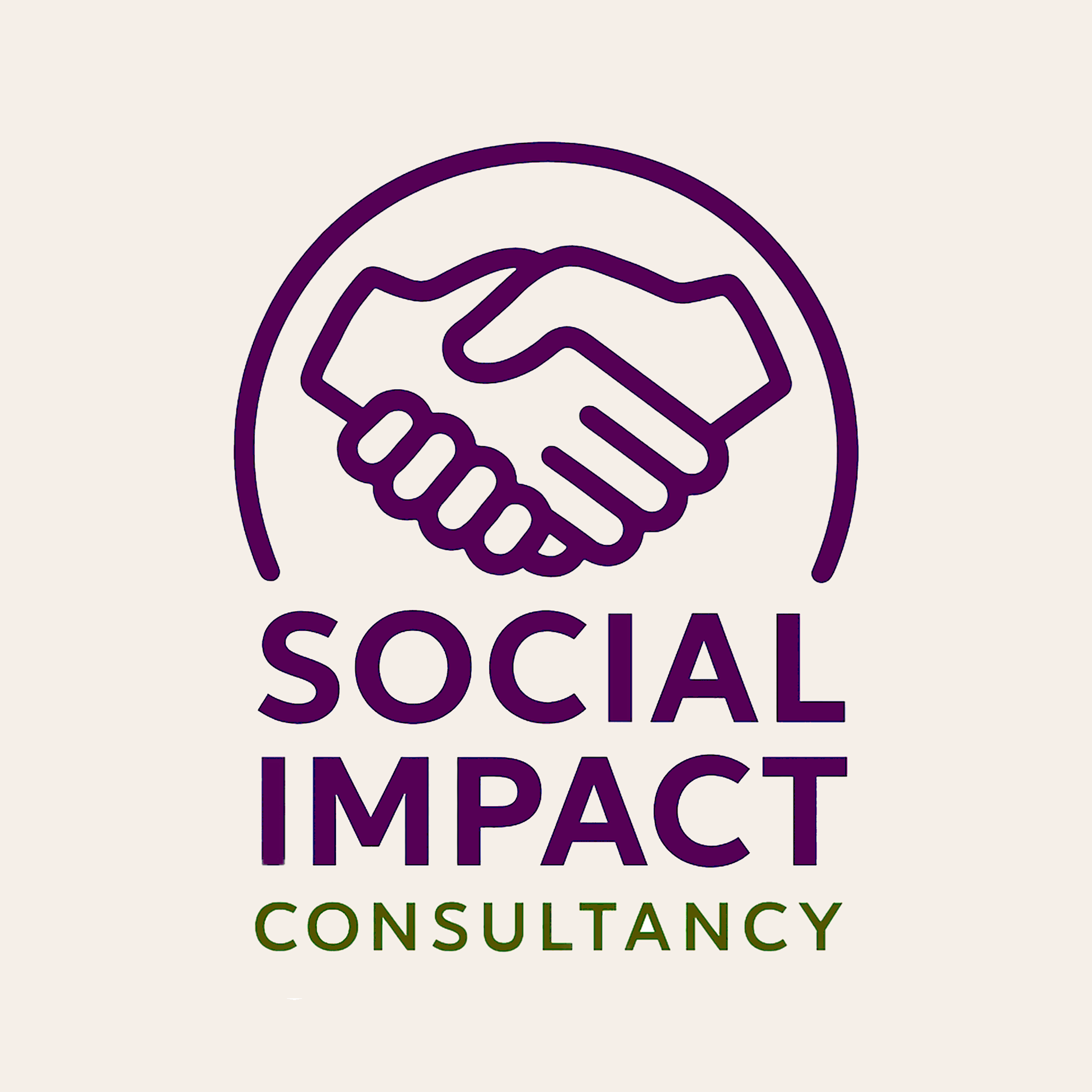 Logo featuring a purple outline of a handshake within a circle above the words 'SOCIAL IMPACT' in purple and 'CONSULTANCY' in green.