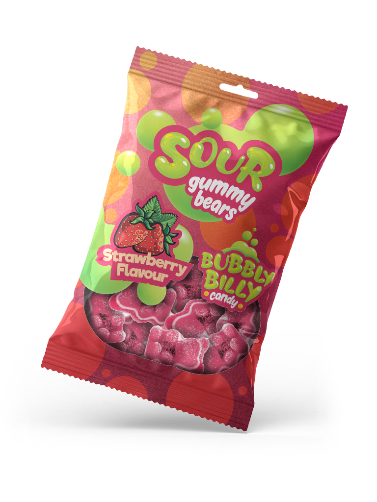Strawberry sour gummy bears pack by Bubbly Billy Candy