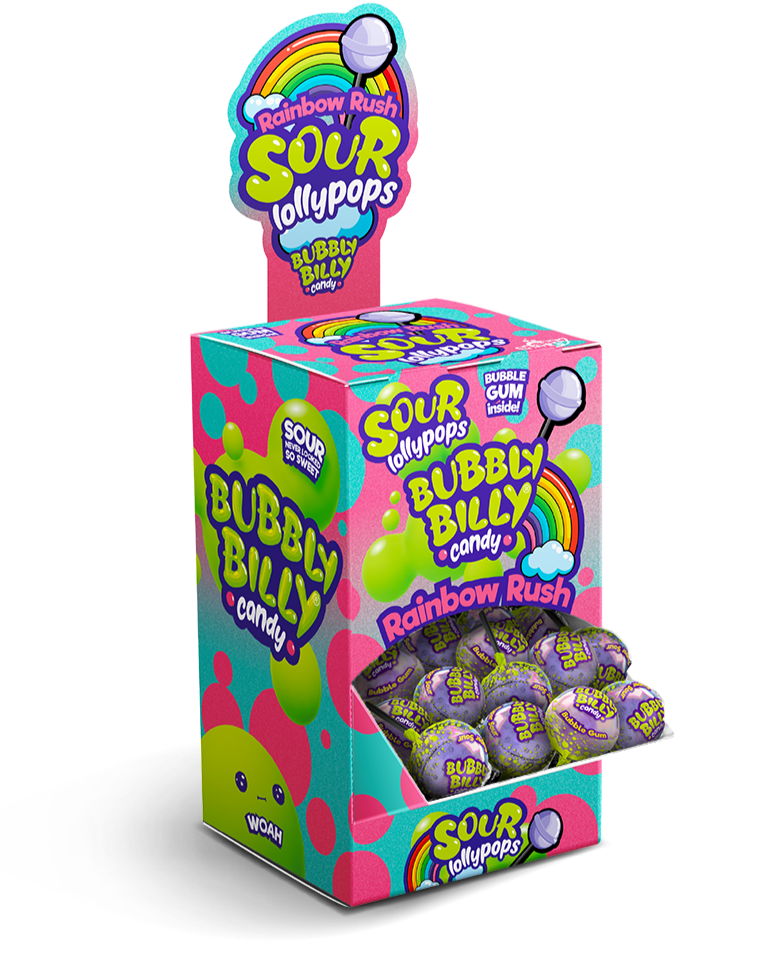 Rainbow Rush sour lollipops wholesale display box with bubble gum centre