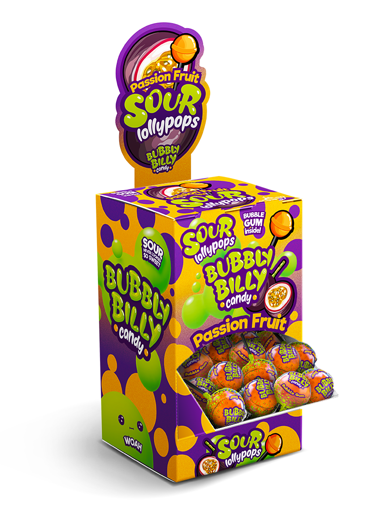 Passion Fruit sour lollipops display box with bubble gum centre