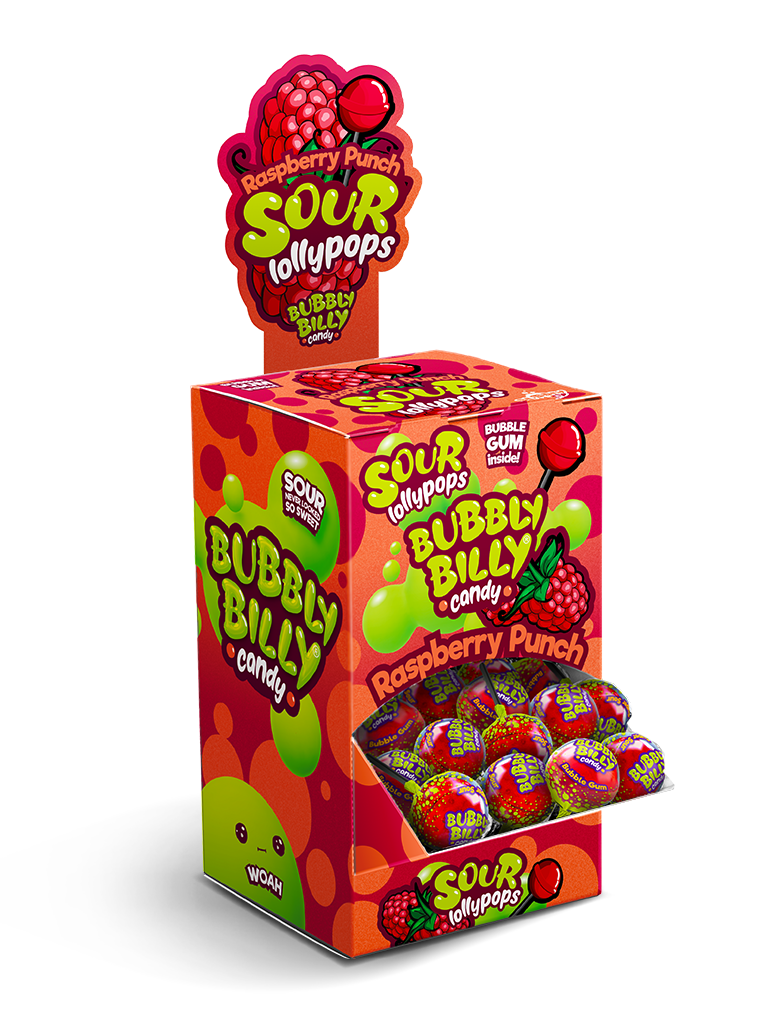 Raspberry Punch sour lollipops display box with bubble gum centre