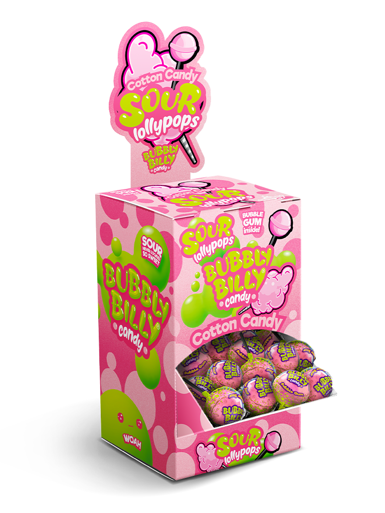 Cotton Candy sour lollipops display box with bubble gum centre