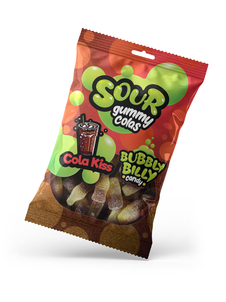 Cola Kiss sour gummy colas pack by Bubbly Billy Candy