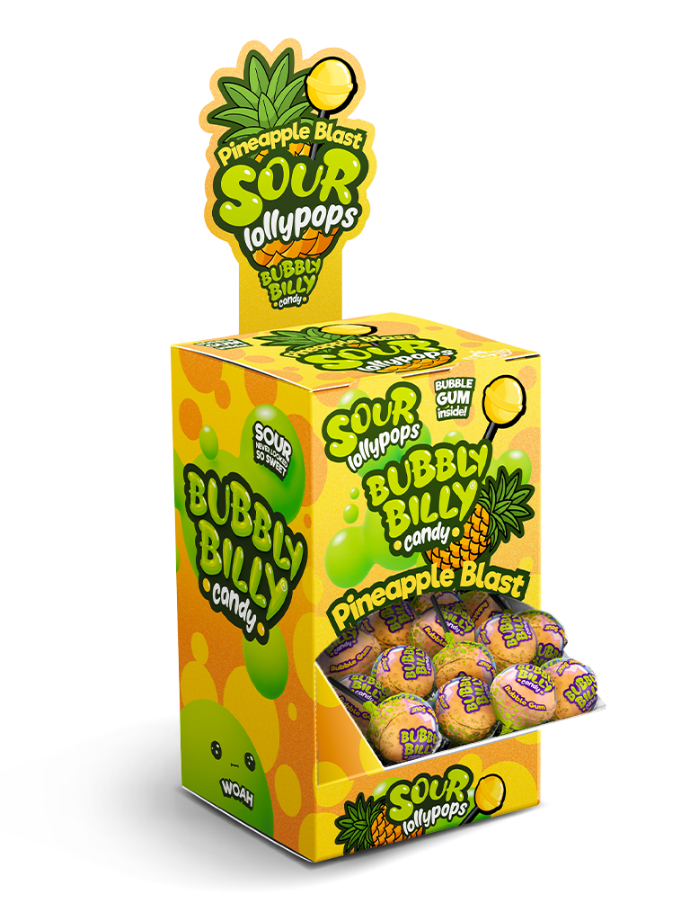 Pineapple Blast sour lollipops display box with bubble gum centre