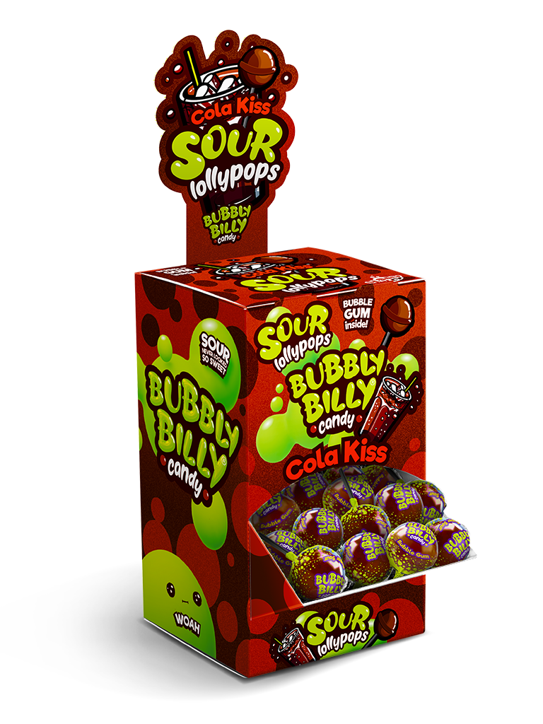 Cola Kiss sour lollipops display box with bubble gum centre