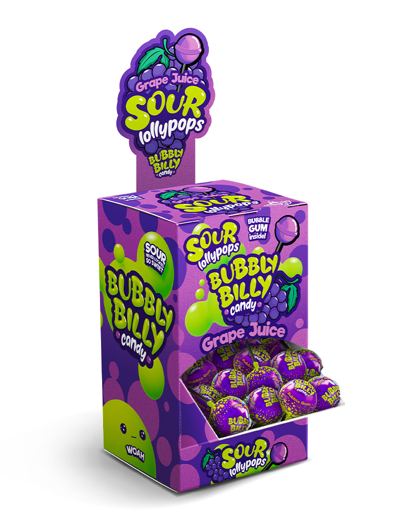 Grape Juice sour lollipops display box with bubble gum centre
