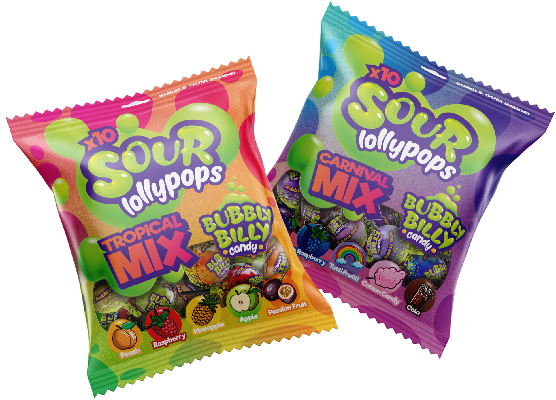 Sour lollipops party mix packs in Tropical Mix and Carnival Mix flavours