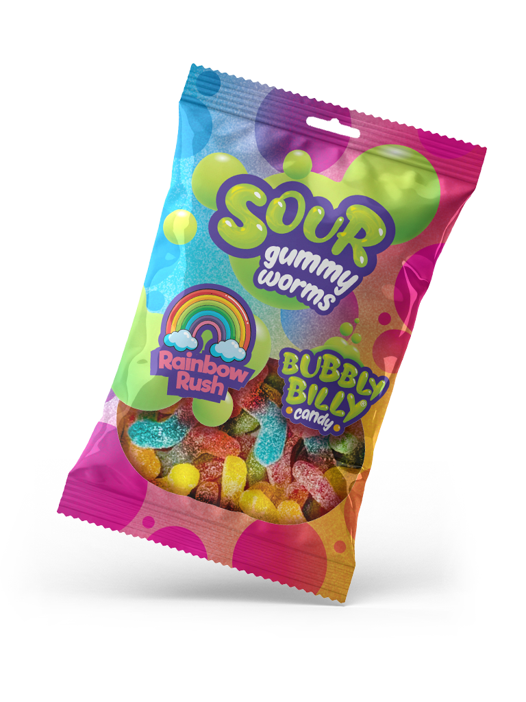 Rainbow Rush sour gummy worms pack by Bubbly Billy Candy