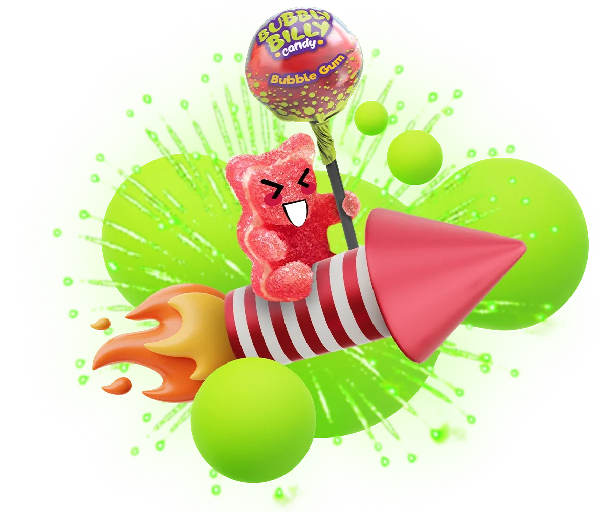 Playful sour gummy bear riding a rocket with a bubble gum lollipop