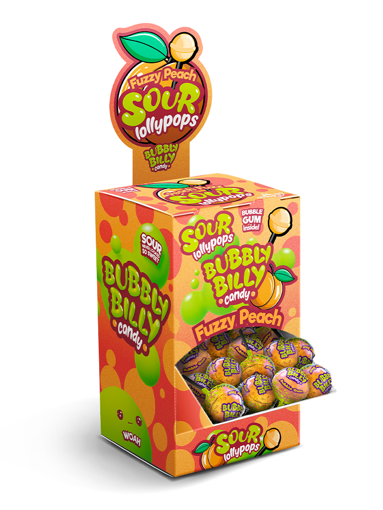 Fuzzy Peach sour lollipops display box with bubble gum centre