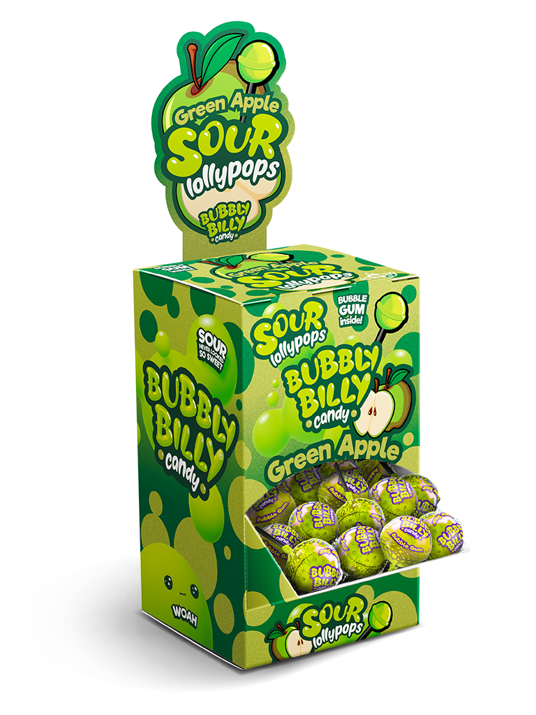 Green Apple sour lollipops display box with a bubble gum centre