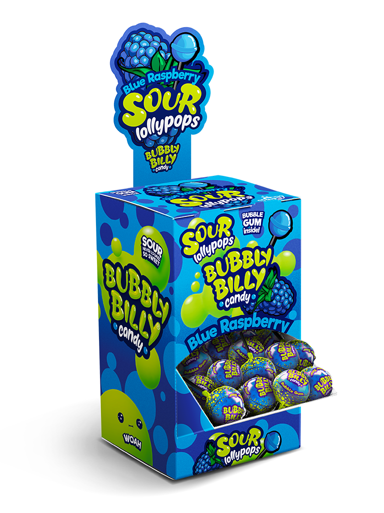 Blue Raspberry sour lollipops display box with bubble gum centre