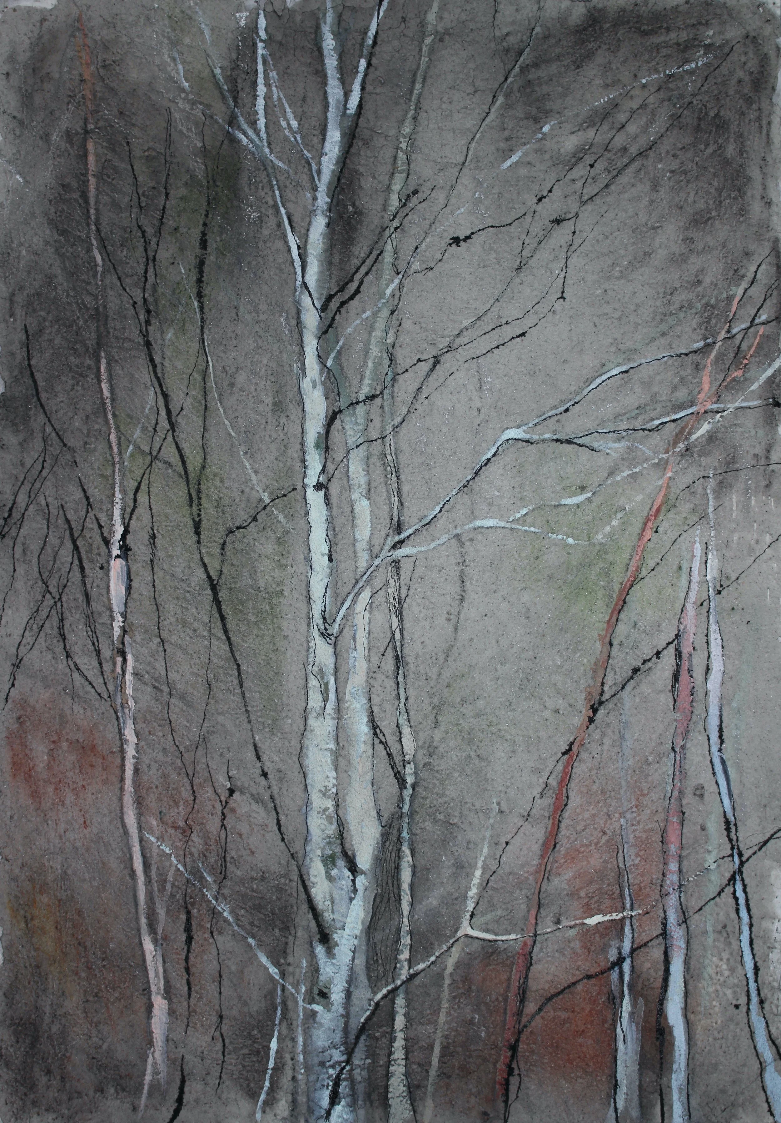 Dibujo de varios árboles con ramas desnudas en un fondo gris y marrón.