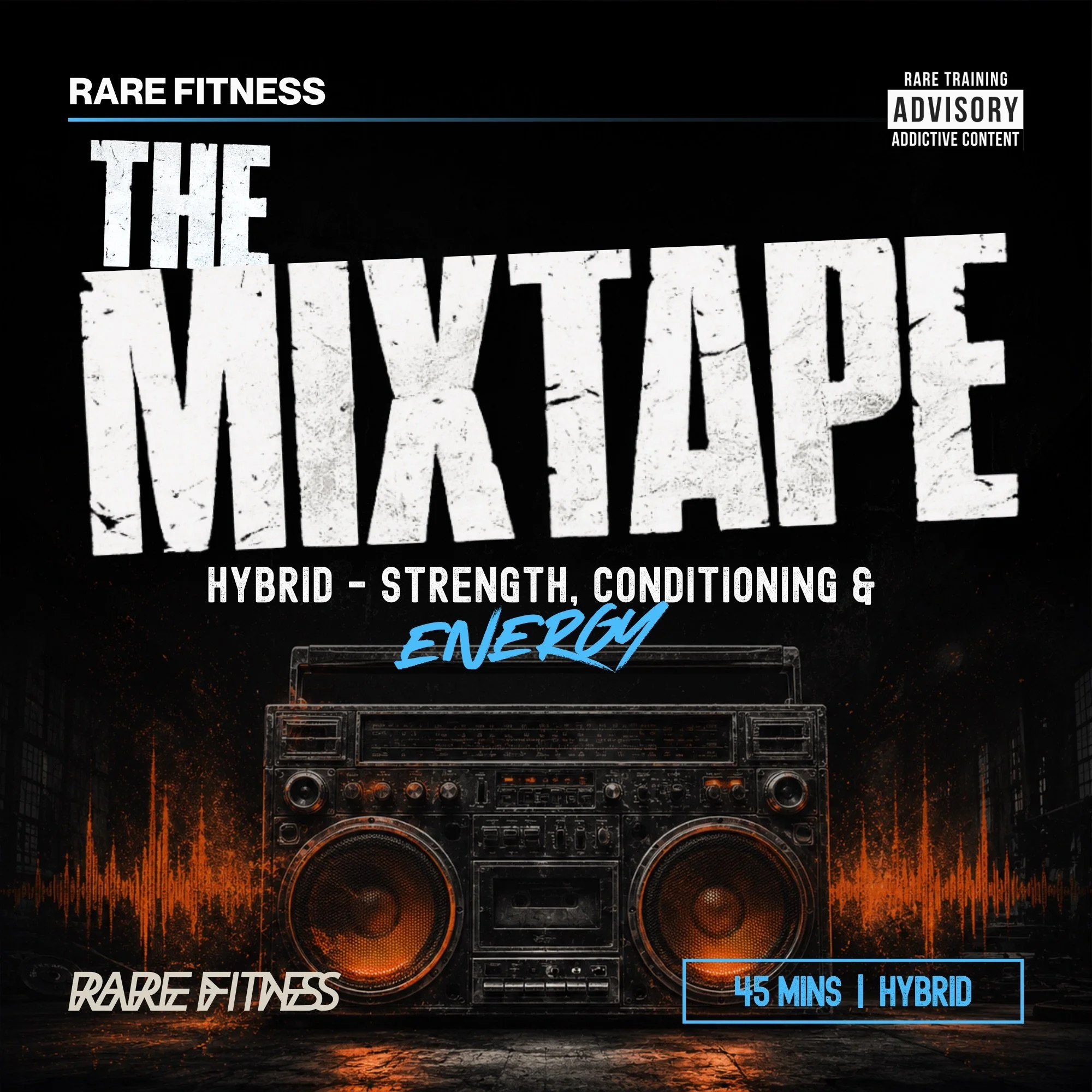 An orange cassette tape labeled "The Mixtape" with the text "RARE FITNESS" and the side number '1', placed on a blurred background of gym weights.